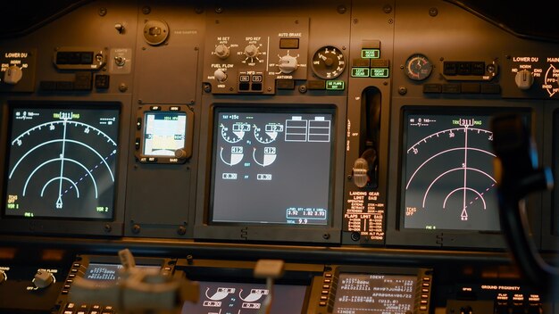 Cabina de avión con comando de vuelo en el panel de control y tablero para navegación, acelerador de motor y brújula de radar. Cabina de avión con parabrisas, botones y asa. De cerca.