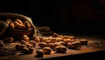 Foto gratuita cacahuetes en una mesa de madera con un plato de cacahuetes en el fondo