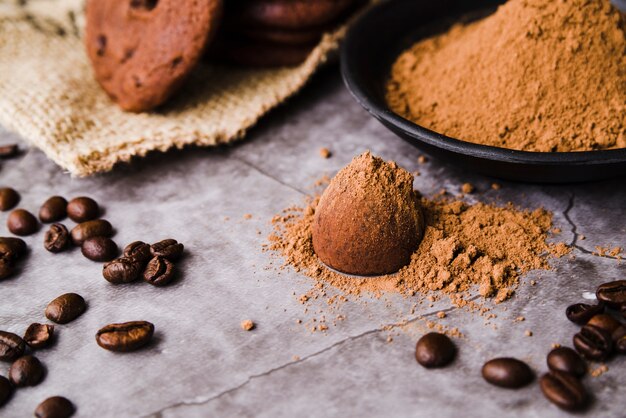 Cacao en polvo sobre la trufa de chocolate