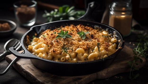 Foto gratuita una cacerola de hierro fundido negro de macarrones con queso con un tarro de queso parmesano rallado a un lado.