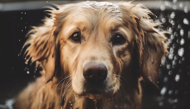 Cachorro mojado sentado bajo la lluvia luciendo lindo generado por IA