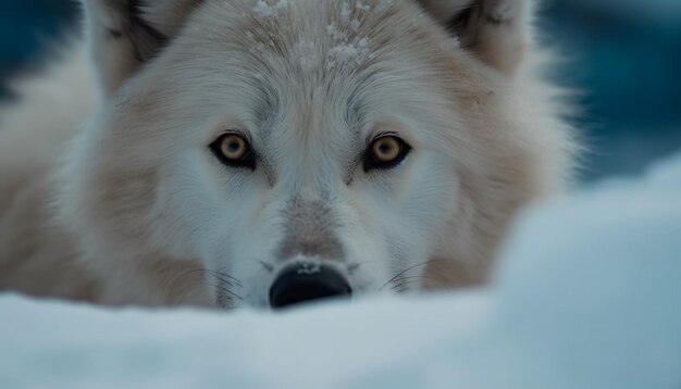 Cachorro de samoyedo esponjoso en retrato de nieve ártica generado por IA