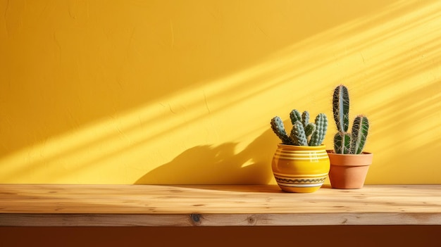 Foto gratuita cactus encantador en una mesa de madera antigua complementada por paredes amarillas soleadas