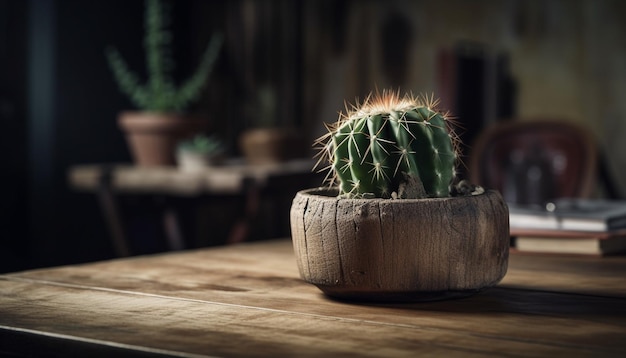 Un cactus en una mesa de madera con un fondo borroso