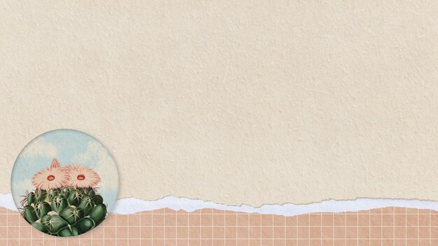 Cactus verde vintage con flor en elemento de diseño de fondo de papel rasgado