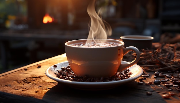 Foto gratuita café caliente en una mesa de madera con vapor en un ambiente acogedor generado por inteligencia artificial