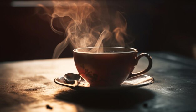 El café caliente se vaporiza en una mesa de madera rústica generada por IA