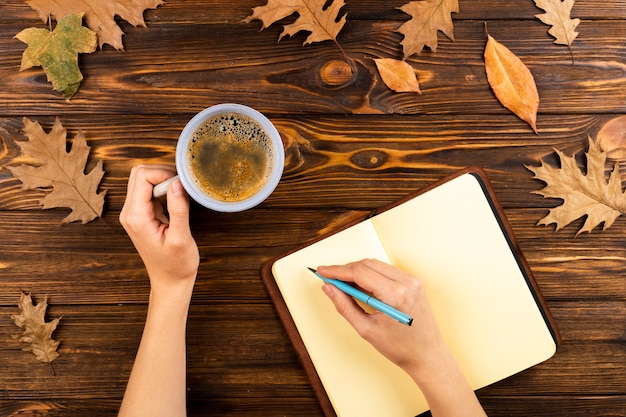 Café y cuaderno sobre fondo de hojas de otoño