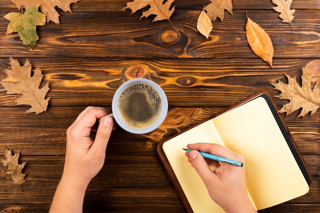 Café y cuaderno sobre fondo de hojas de otoño