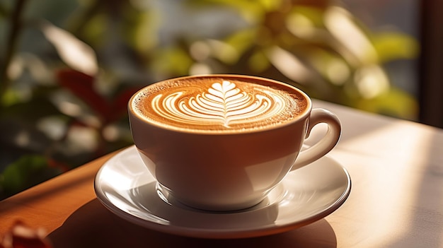 Foto gratuita un café con leche por la mañana con espuma artística se sienta en una vieja mesa de madera a la luz del sol