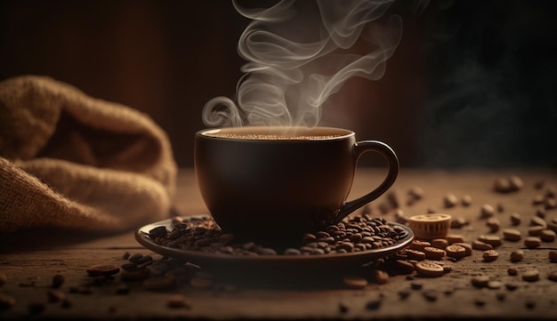 El café recién hecho se vaporiza en la mesa de madera cerca de la IA generativa