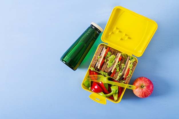 Caja de almuerzo escolar saludable con sandwich de carne y verduras frescas, botella de agua y fondo de frutas