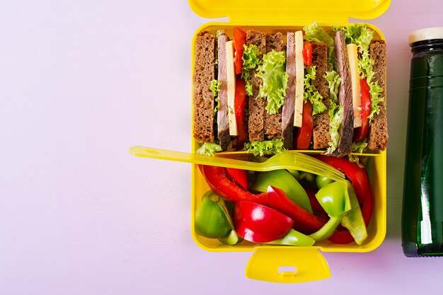 Caja de almuerzo escolar saludable con sandwich de carne y verduras frescas, botella de agua en la mesa de color rosa. Vista superior. Lay Flat