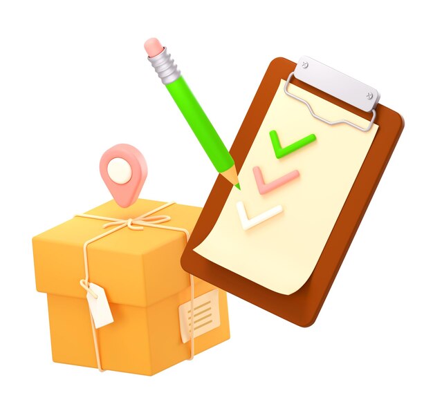 Caja de cartón con lista de verificación de carga y lápiz