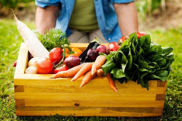 Caja de madera llena de verduras frescas