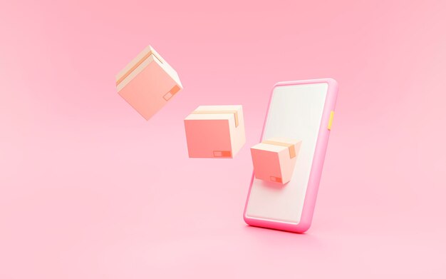 Caja de paquetes o cajas de cartón en Smartphone Concepto de logística de transporte de entrega en línea sobre fondo rosa Ilustración de renderizado 3d
