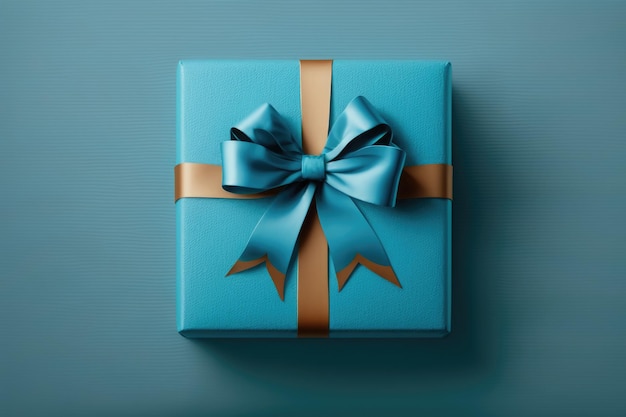 Caja de regalo azul con lazo azul sobre fondo azul Vista superior Ai generativo