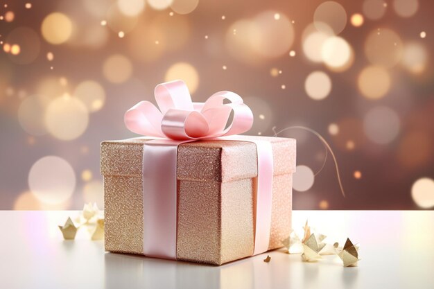 Caja de regalo en colores beige y rosa con luces bokeh mágico de cerca