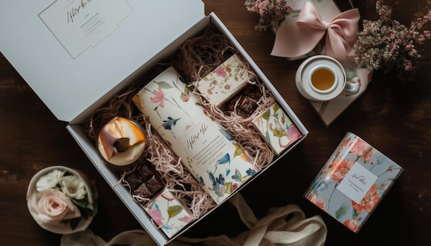 Una caja de regalo hecha en casa con chocolate gourmet y dulces generados por IA