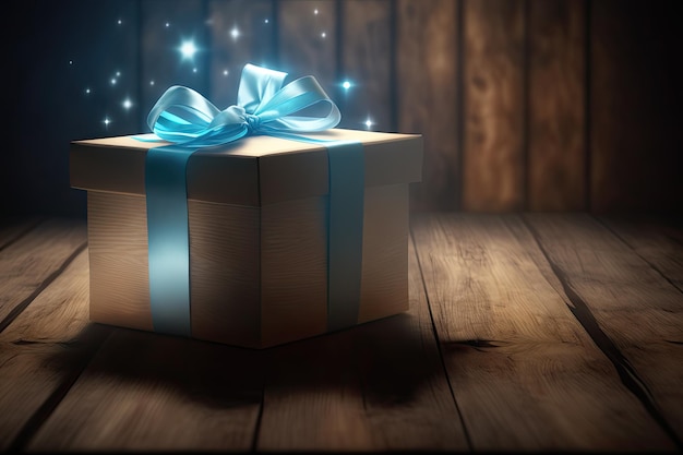 Caja de regalo con lazo azul sobre fondo de mesa de madera Espacio de copia Ai generativo