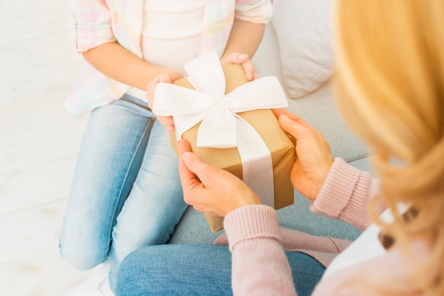 Caja de regalo en manos de madre e hija.