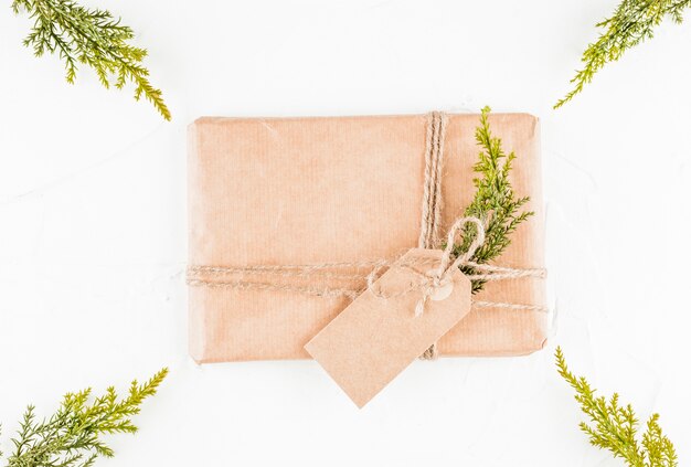 Caja de regalo en papel artesanal con etiqueta entre ramas de coníferas.