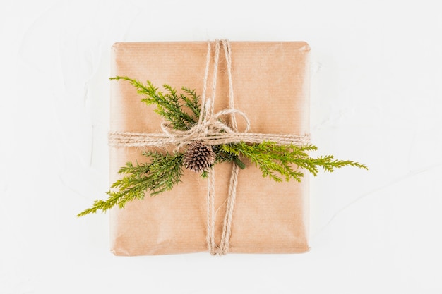 Caja de regalo en papel artesanal con rama de coníferas.