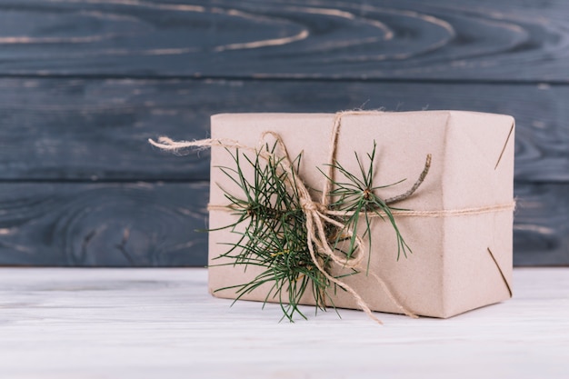 Caja de regalo con rama de abeto verde.