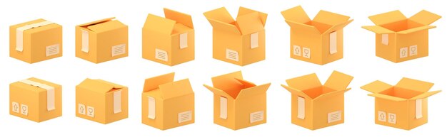 Cajas de cartón 3D abiertas y cerradas