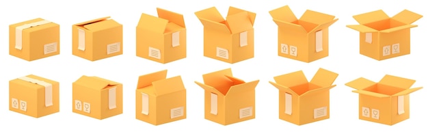 Cajas de cartón 3D abiertas y cerradas