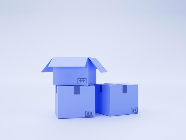 Cajas de cartón paquete envío almacén icono signo o símbolo concepto de comercio electrónico sobre fondo azul ilustración 3d
