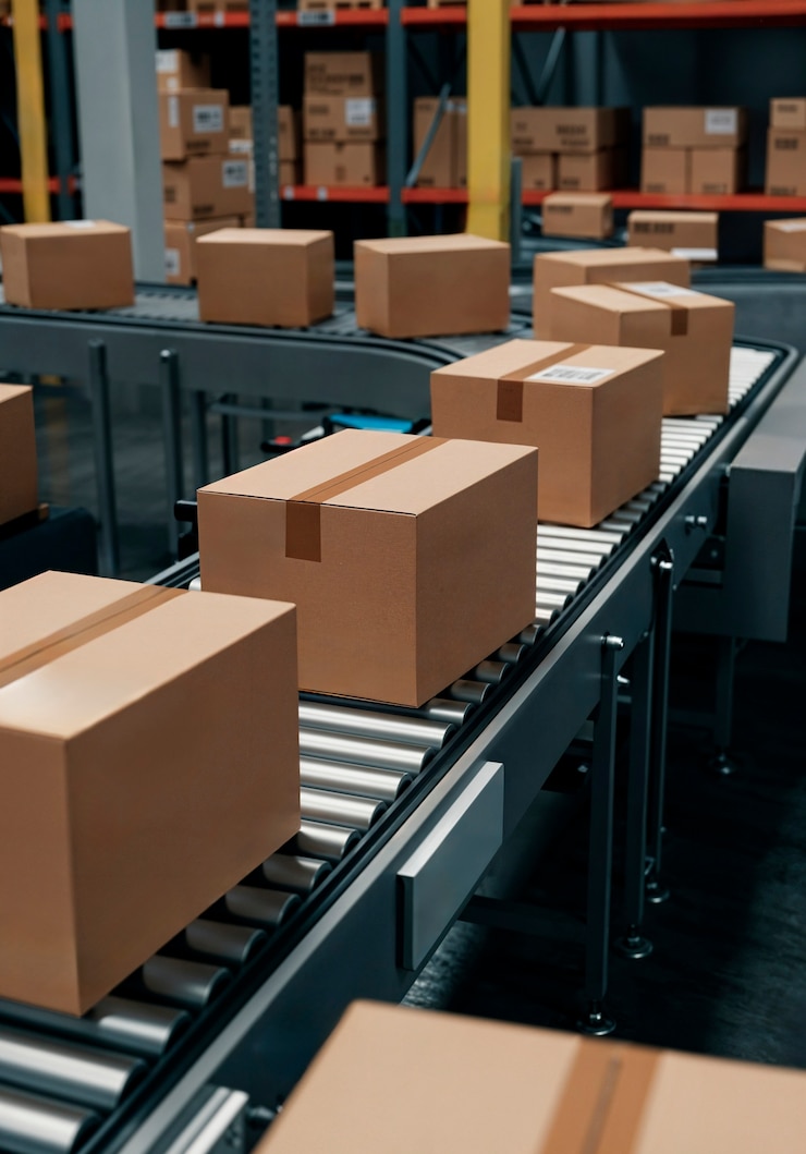 Foto gratuito cajas en una cinta transportadora en un almacén