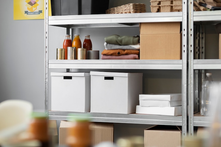 Foto gratuito cajas con donaciones de ropa y comida recolectadas con fines benéficos
