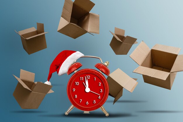 Cajas de entrega y relojes con gorro de Papá Noel. Optimización de la logística de entrega Empresa de transporte.