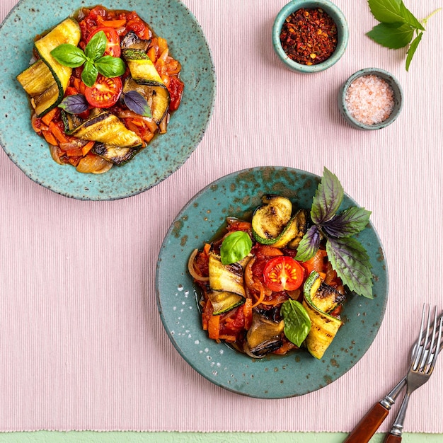 Calabacines a la plancha con verduras en salsa de tomate el concepto de comida vegetariana