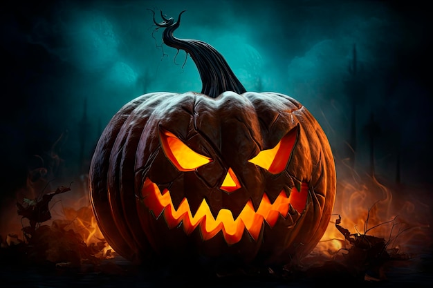 Calabaza de Halloween aterradora sobre mesa de madera y fondo oscuro