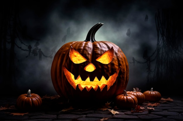 Calabaza de Halloween aterradora sobre mesa de madera y fondo oscuro