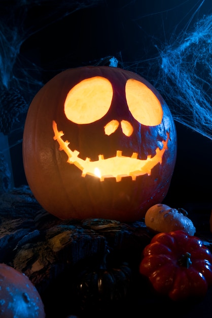 Foto gratuita calabaza de halloween con telaraña