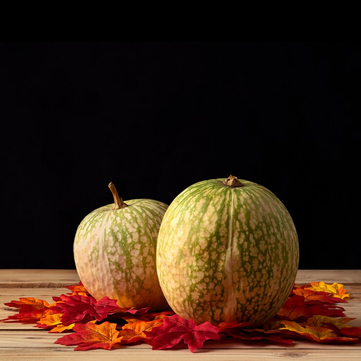 Calabaza con hojas sobre mesa de madera