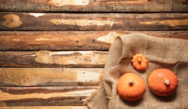 Calabaza plana en bolsa de lona y fondo de madera.