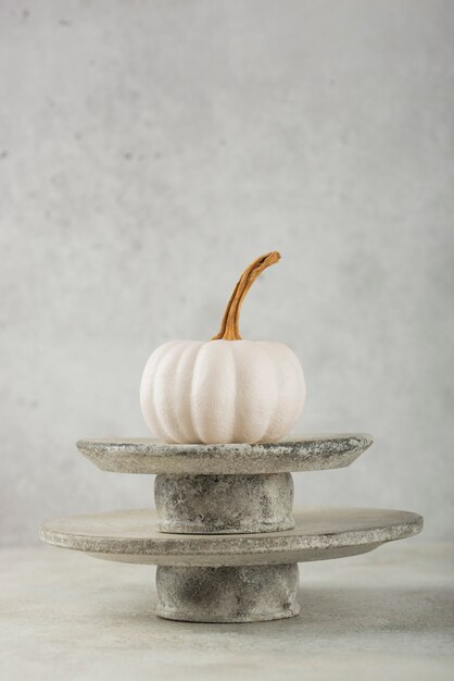 Calabazas blancas y platos de piedra