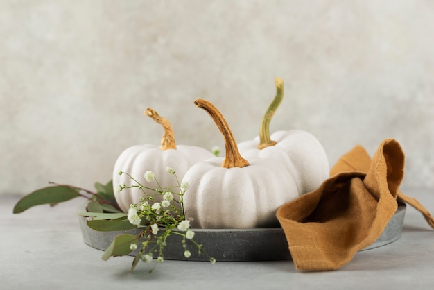 Foto gratuita calabazas blancas, tela y hojas.