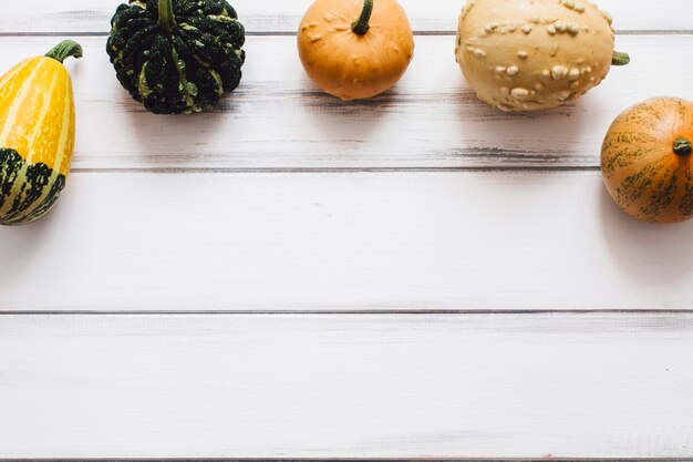 Calabazas y calabazas en la mesa de madera blanca