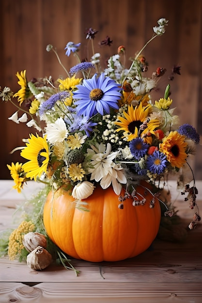 Calabazas con flores en el interior