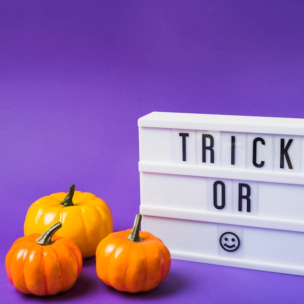 Calabazas frescas de Halloween y tablero de plástico