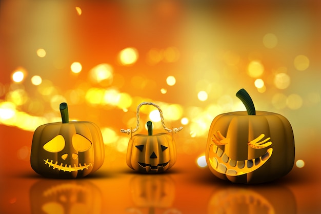 Calabazas de Halloween 3D en un fondo de luces bokeh