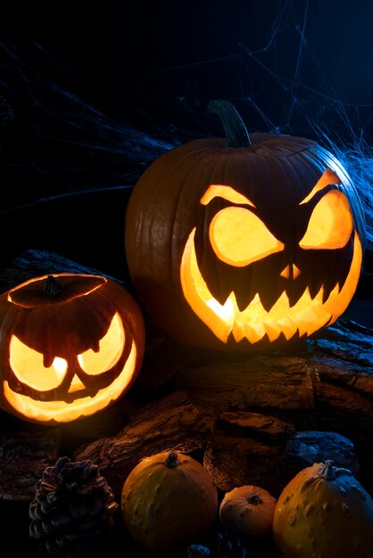 Calabazas de halloween de alto ángulo con telaraña