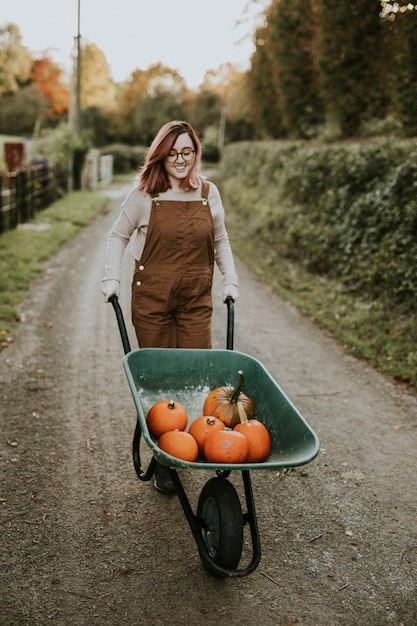 Calabazas de Halloween en un humor otoñal oscuro carretilla