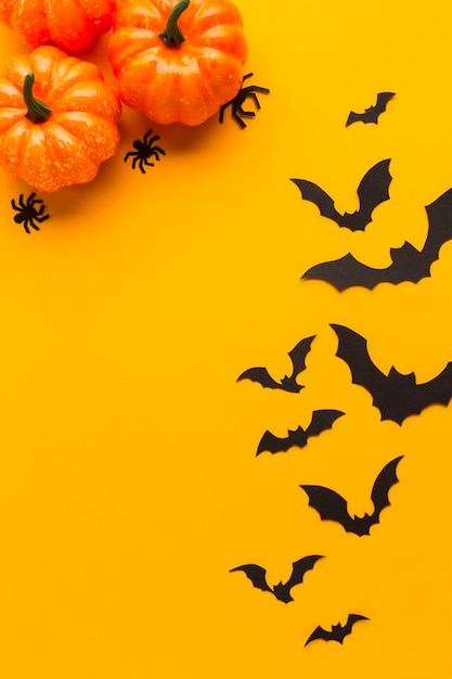 Foto gratuita calabazas de halloween y murciélagos con fondo naranja