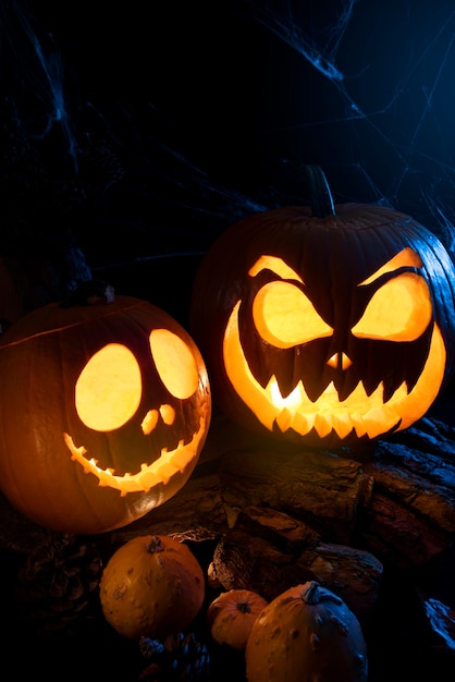 Foto gratuita calabazas de halloween talladas con telaraña